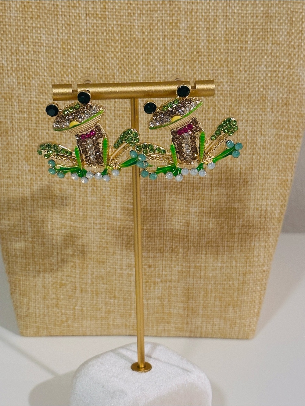 Fashion Jewelry Gold-Tone Frog Crystal Stud Earrings with Green and Teal Accents